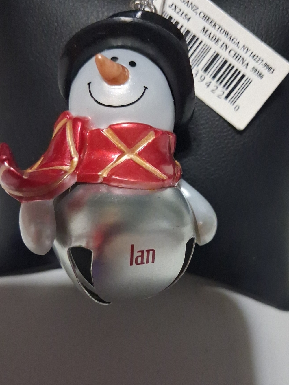 Silver Snowman Ian Bell Ornament with Red Scarf